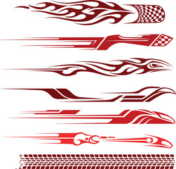 Fototapeta premium Collection of red tribal flame and speed line graphics with racing flags and tire tracks for automotive decoration