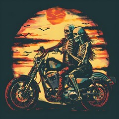Gothic skeleton couple riding motorcycle du sunset with vibrant orange sky and flying birds in a dark artistic scene