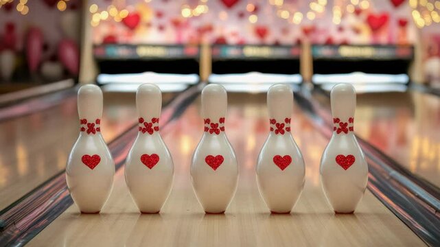A row of bowling pins decorated with heart-shaped designs for a unique and playful theme
