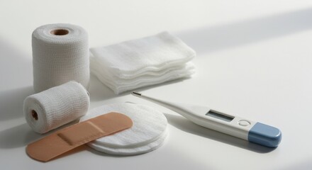Obraz premium Medical supplies including thermometer, bandage, and gauze pads 