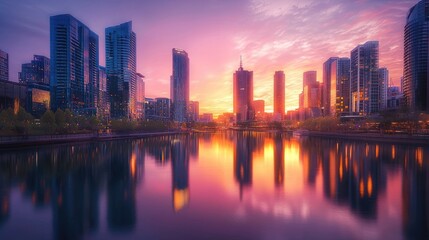 Fototapeta premium Modern city skyline reflected in tranquil waters at sunrise.