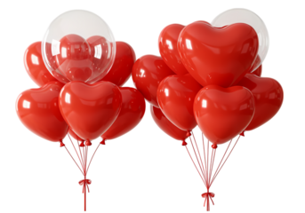 Two Bunches of Red HeartShaped Balloons isolated on transparent background