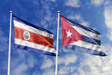 3D illustration. Costa Rica and Cuba flags waving in the sky. High detailed waving flag. 3D render. Flags fluttered in the cloudy sky, symbolizing diplomatic relations.