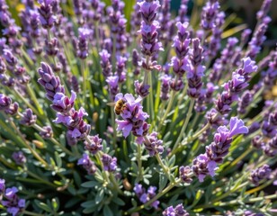 Naklejka premium a glowing lavender bush with bees pollinating, showing drought tolerant plant relationships.
