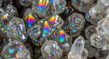 Close-up view of a collection of iridescent, crystalline formations, showcasing light refraction.