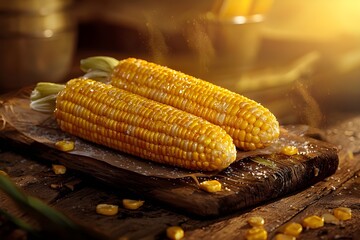 Boiled corn on the cob with melted butter and salt, freshly cooked and ready to serve, perfect for menu design or healthy food advertising. Juicy yellow corn. Summer, seasonal food. Vegetables. Diet. 