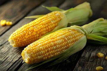 Boiled corn on the cob with melted butter and salt, freshly cooked and ready to serve, perfect for menu design or healthy food advertising. Juicy yellow corn. Summer, seasonal food. Vegetables. Diet. 