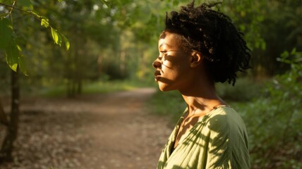 African female adult in sunlit forest with shadows and green leaves