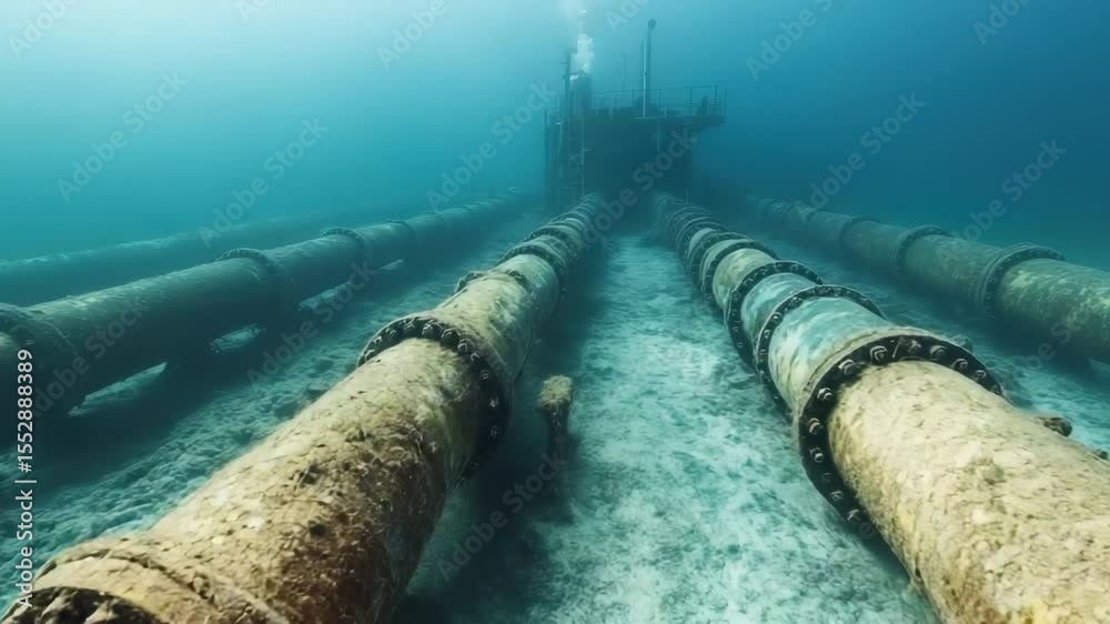 Poster underwater shot of a pipe on the ocean floor, potentially used for environmental or infrastructure r