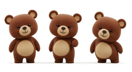 Fototapeta premium Three cute, brown teddy bear characters standing in a row