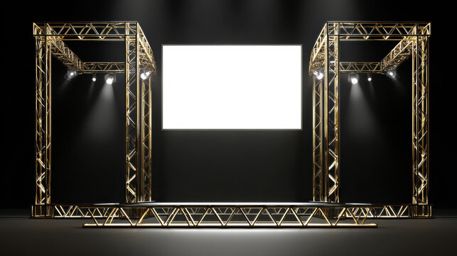 golden metal frame truss structure stage with a blank white screen for displaying images or video content. used to display advertising and other information during events, technology shows.