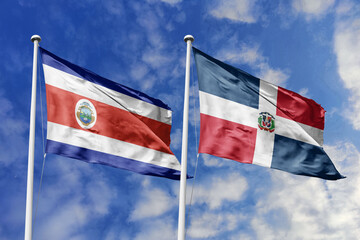 3D illustration. Costa Rica and Dominican Republic flags waving in the sky. High detailed waving flag. 3D render. Flags fluttered in the cloudy sky, symbolizing diplomatic relations.