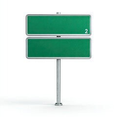 Two blank green highway signs, mounted vertically on a single metallic pole against a white background; number '2' subtly visible on the upper sign