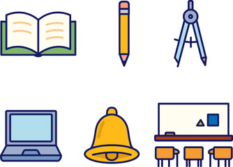 A colorful flat vector icon set featuring essential school and study tools such as a pencil, compass, laptop, book, bell, and chalkboard. Ideal for educational apps, websites, and infographics.