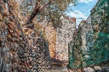 Stone path leads through the ancient walls of Alanya Kalesi, surrounded by rocky structures and greenery, Turkey. Historic castle weathered stones contrast on the bright sky and vibrant vegetation