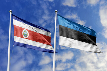 3D illustration. Costa Rica and Estonia flags waving in the sky. High detailed waving flag. 3D...