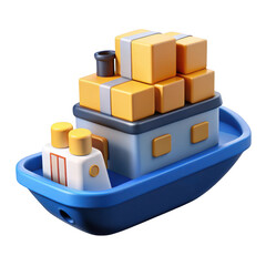 3d cartoon cargo ship with boxes isolated on transparent background