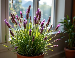 a glowing lavender plant in a sunny room, adding fragrance and purifying the air.