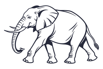Strong elephant illustration is walking with its trunk raised in a simple black and white design