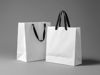 Two pristine white paper shopping bags with sleek black handles stand on a neutral gray background.  One bag is slightly behind and to the left of the other