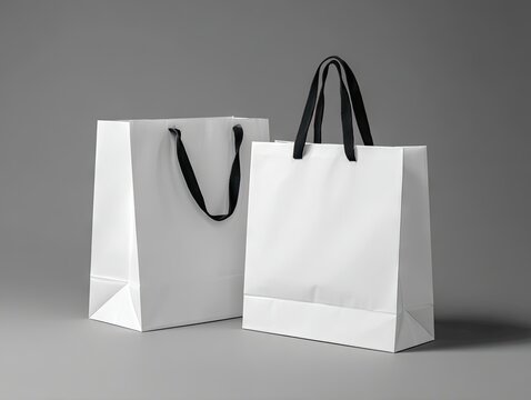 Two pristine white paper shopping bags with sleek black handles stand on a neutral gray background.  One bag is slightly behind and to the left of the other