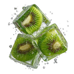 kiwi slices in icecube falling isolated on transparent background