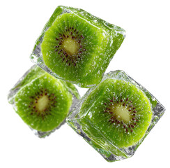 kiwi slices in icecube falling isolated on transparent background