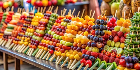 Colorful fruit skewers arranged on a traditional wooden market stall