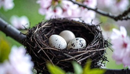 A bird's nest amid cherry blossoms holds eggs, symbolizing spring and new starting.