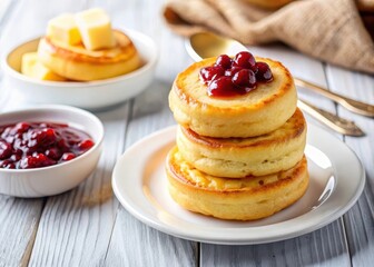 Fluffy crumpets with golden butter and vibrant jam on a clean white plate