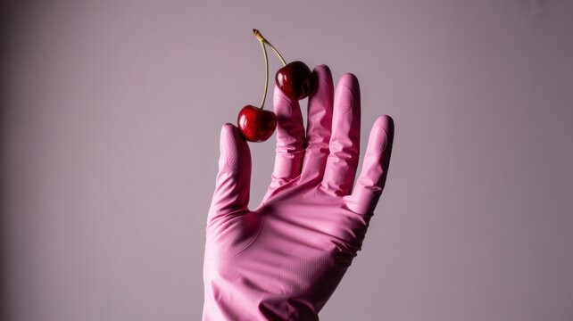 Pink gloved hand holding two fresh cherries against grey background