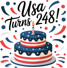 Holiday birthday cake design. USA turns 248 message with tall flag-themed cake and confetti swirl on white background  