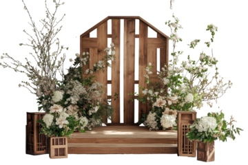 Beautiful DIY wedding backdrop with wooden hexagonal ceremony structure and floral arrangements in a bright venue