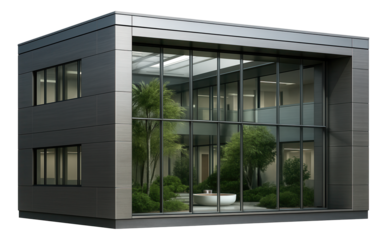 A corporate office building with a central atrium winter garden, providing employees with a green, relaxing space.