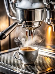 A steaming shot of espresso emerging from a stainless steel espresso machine with a rich