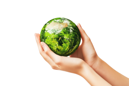 Hands hold a green globe symbolizing Earth Day with a focus on environmental awareness and the need for sustainability - Powered by Adobe