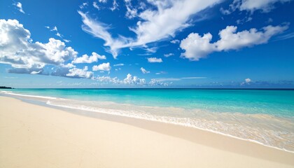 Beautiful sandy beach with white sand and rolling calm wave of turquoise ocean