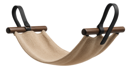 Hammock-style cat bed that attaches under a side table in a living room.