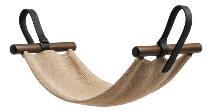 Hammock-style cat bed that attaches under a side table in a living room.