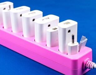 White mobile charger plugs full occupied on pink extension power strip
