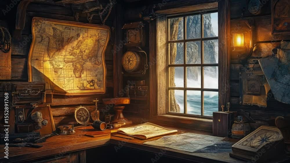 Poster A desk with a map and a clock, perfect for planning trips or monitoring time