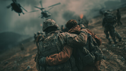 Wounded soldier being carried by comrades across a battlefield