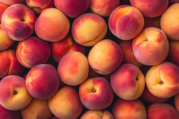 Juicy summer peaches in a flat lay composition. Peach background. Healthy food and seasonal fruit. Freshly harvested ripe nectarines and peaches. Summer fruit. Diet. Vegetarian. Fresh