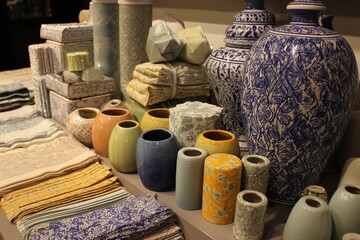 Fototapeta premium Fabrics and ceramics are put together in a nice way. There are many colors and shapes. This is good for making a room look nice and making it nice to be in.
