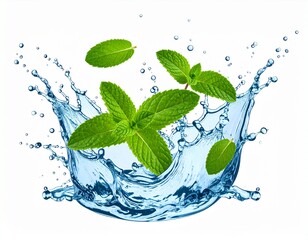 3d water splash with green tea or mint leaves isolated on transparent background