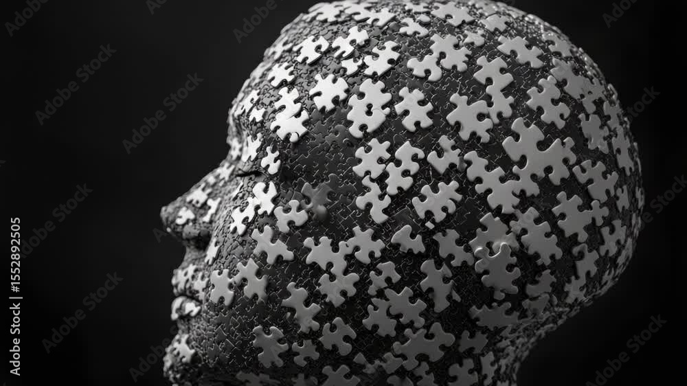 Poster a simple yet striking image of a human head formed by interlocking puzzle pieces in shades of gray