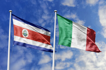 3D illustration. Costa Rica and Italy flags waving in the sky. High detailed waving flag. 3D...
