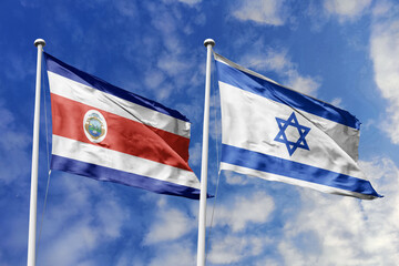 3D illustration. Costa Rica and Israel flags waving in the sky. High detailed waving flag. 3D render. Flags fluttered in the cloudy sky, symbolizing diplomatic relations.