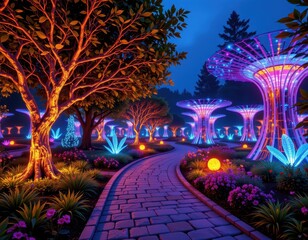 a glowing futuristic park where nature and augmented reality blend seamlessly for visitor experience.