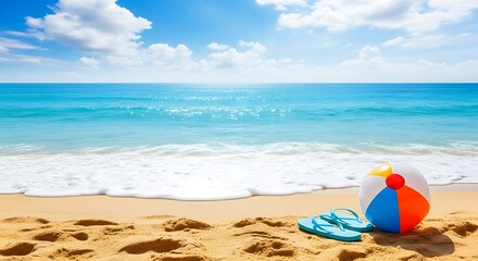 Sunny beach scene with colorful beach ball and flip flops by the ocean